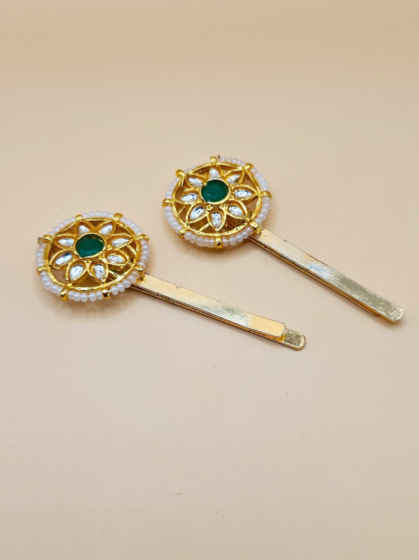 Viana Jewels Kundan Green Hair Pins ( Set of 2)