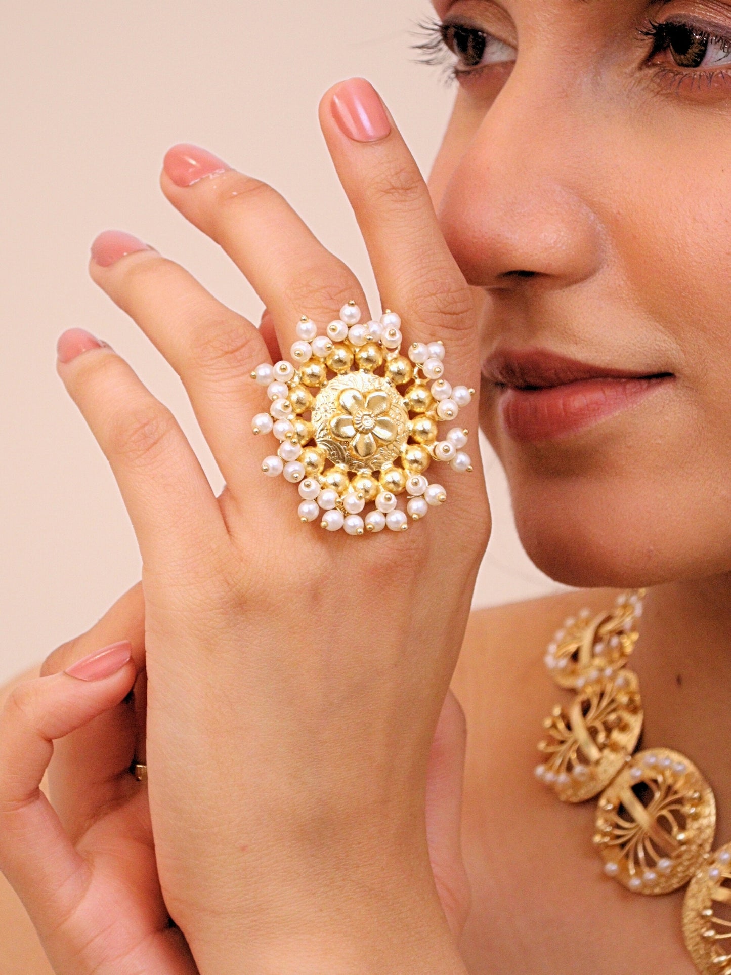 Viana Jewels Virasa Adjustable Brass Ring for Women 18K Gold Plated Handmade