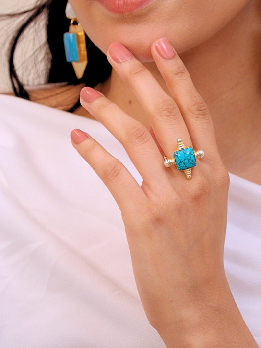 Viana Jewels Parizad Turquoise Adjustable Ring Brass 18K Gold Plated Handmade