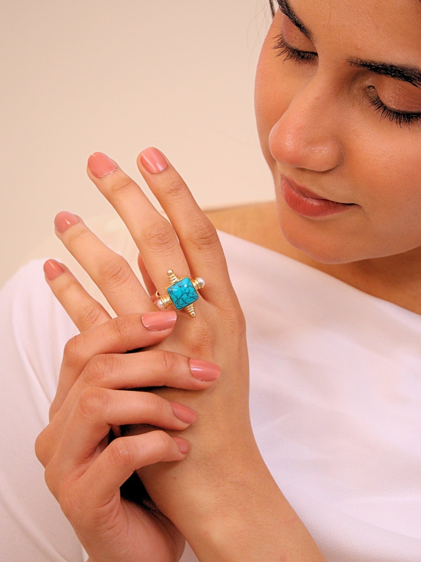 Viana Jewels Parizad Turquoise Adjustable Ring Brass 18K Gold Plated Handmade