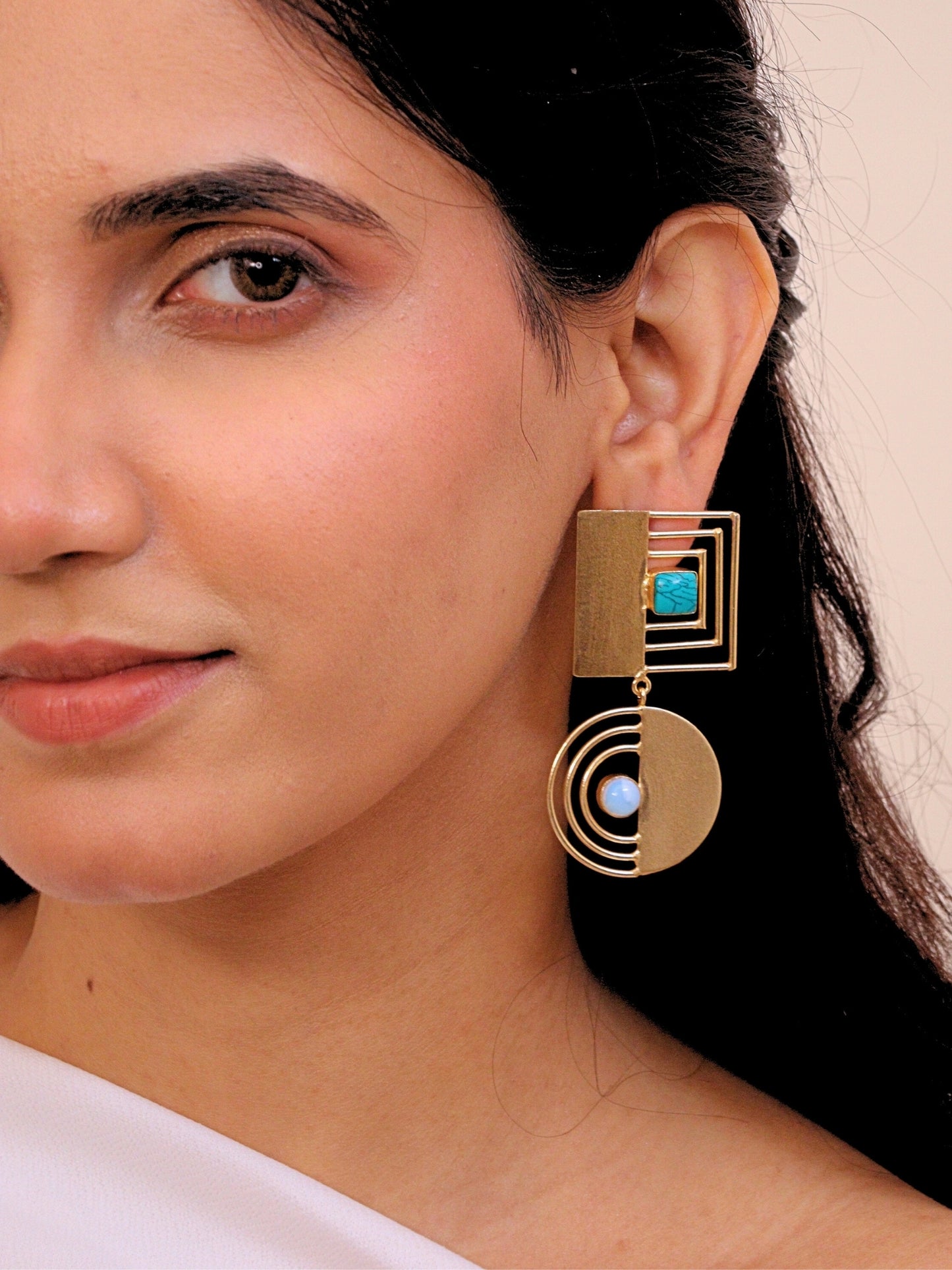 Viana Jewels Mizzora Turquoise Moonstone Brass Earrings 18K Gold Plated