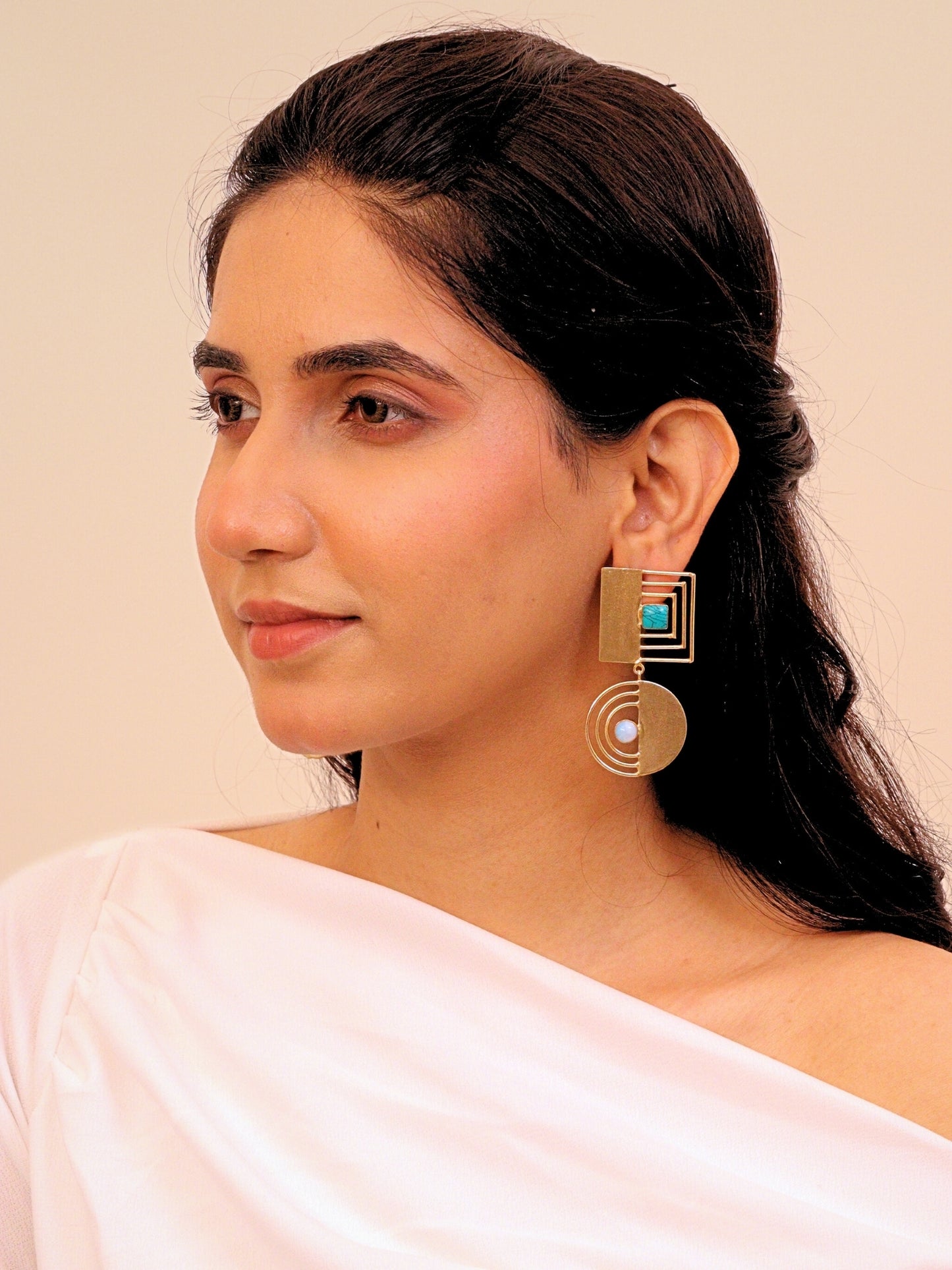 Viana Jewels Mizzora Turquoise Moonstone Brass Earrings 18K Gold Plated