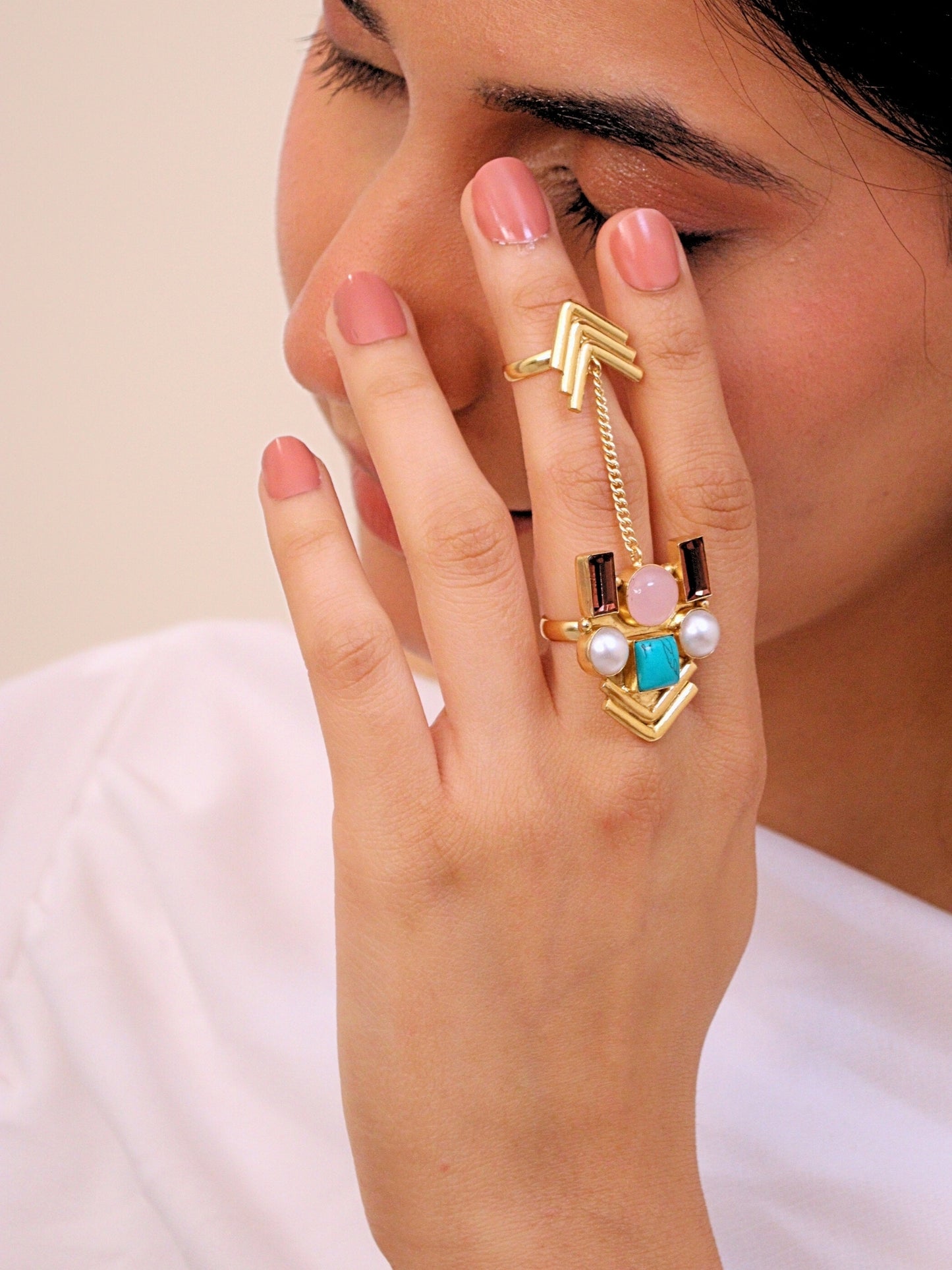 Viana Jewels Muktika Stone Adjustable Ring Brass 18K Gold Plated Handmade