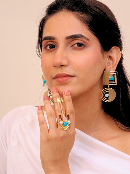 Viana Jewels Muktika Stone Adjustable Ring Brass 18K Gold Plated Handmade