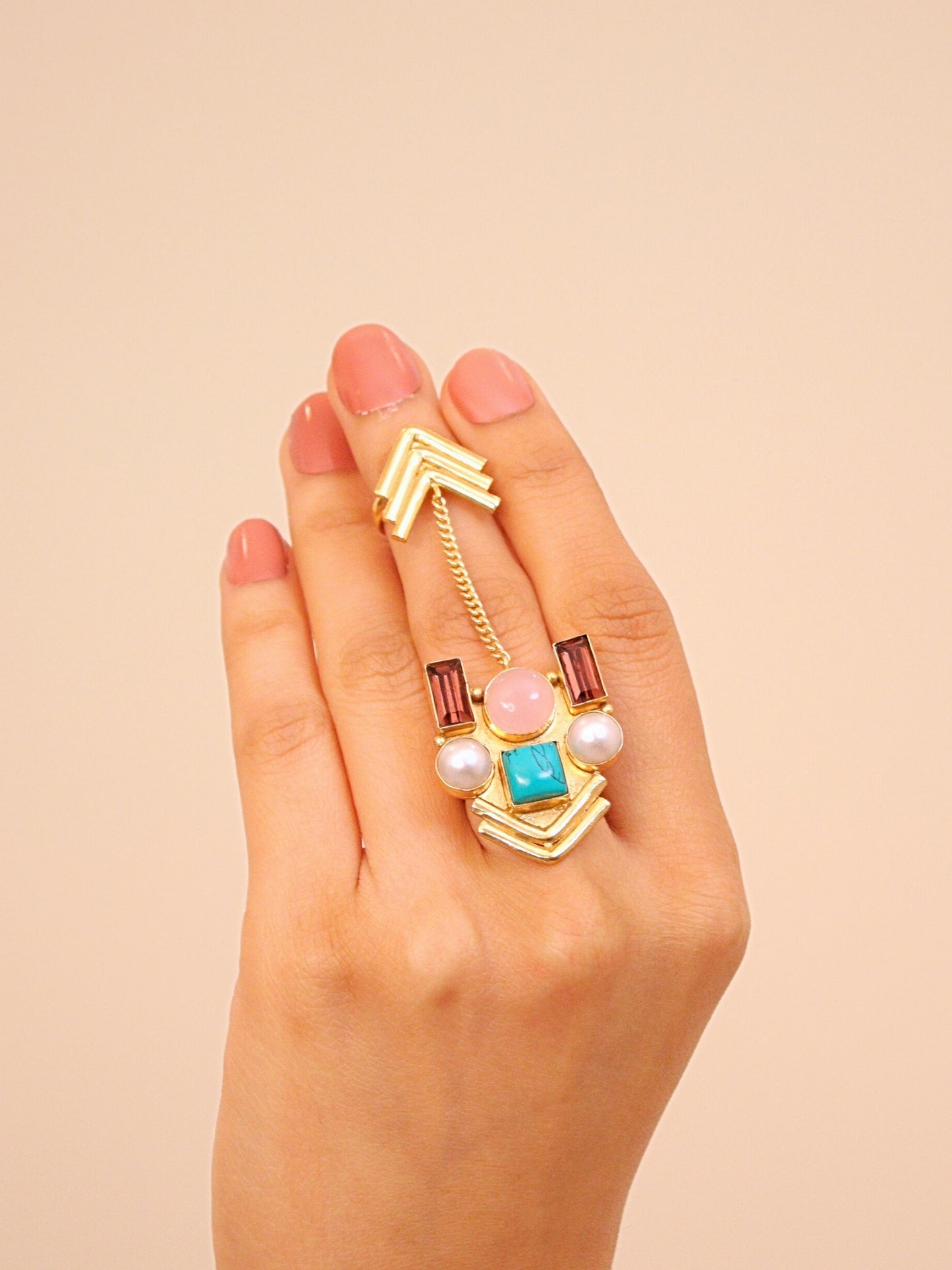 Viana Jewels Muktika Stone Adjustable Ring Brass 18K Gold Plated Handmade