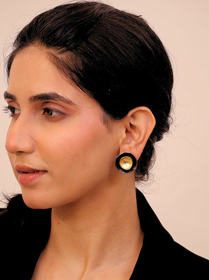 Viana Jewels Siya Black & Gold Brass Stud Earrings 18K Gold Plated Handmade