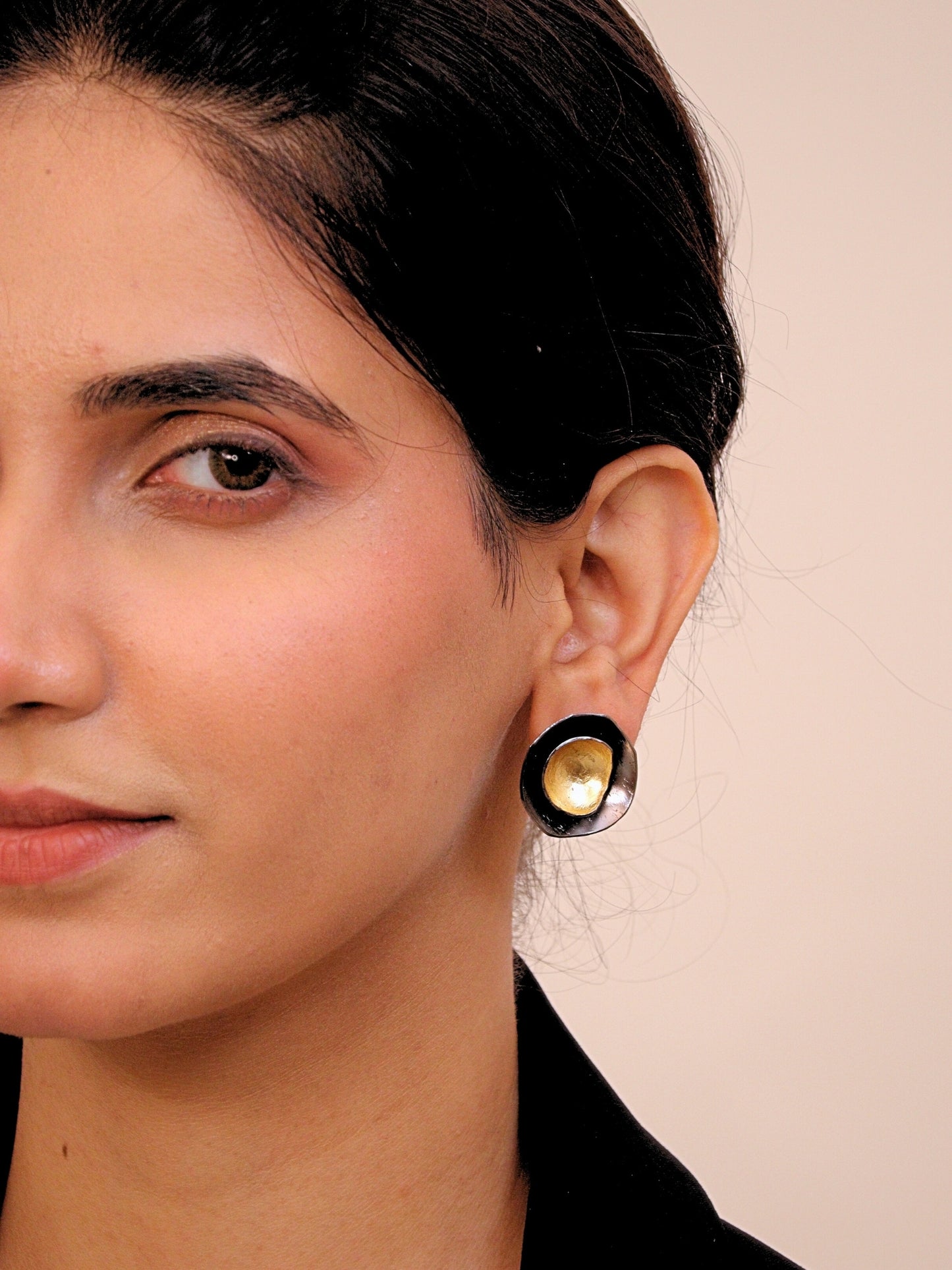 Viana Jewels Siya Black & Gold Brass Stud Earrings 18K Gold Plated Handmade