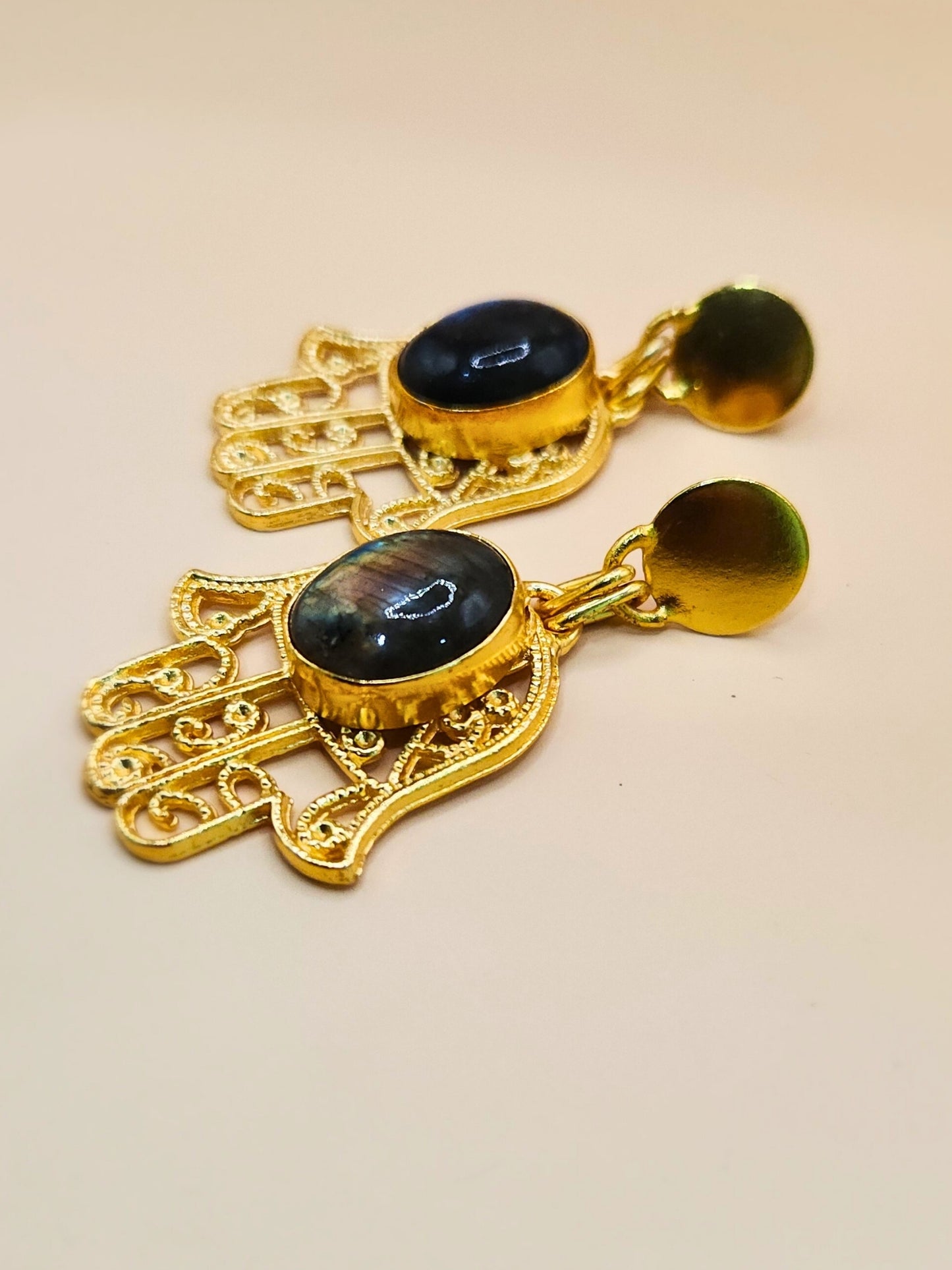 Viana Jewels Hamsa Hand Earrings with Labrodite stone