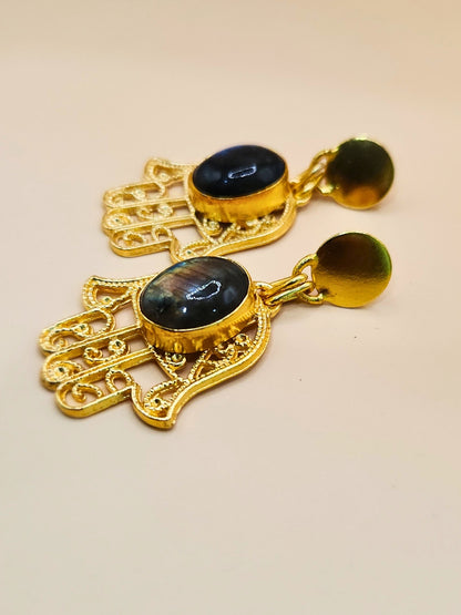 Viana Jewels Hamsa Hand Earrings with Labrodite stone