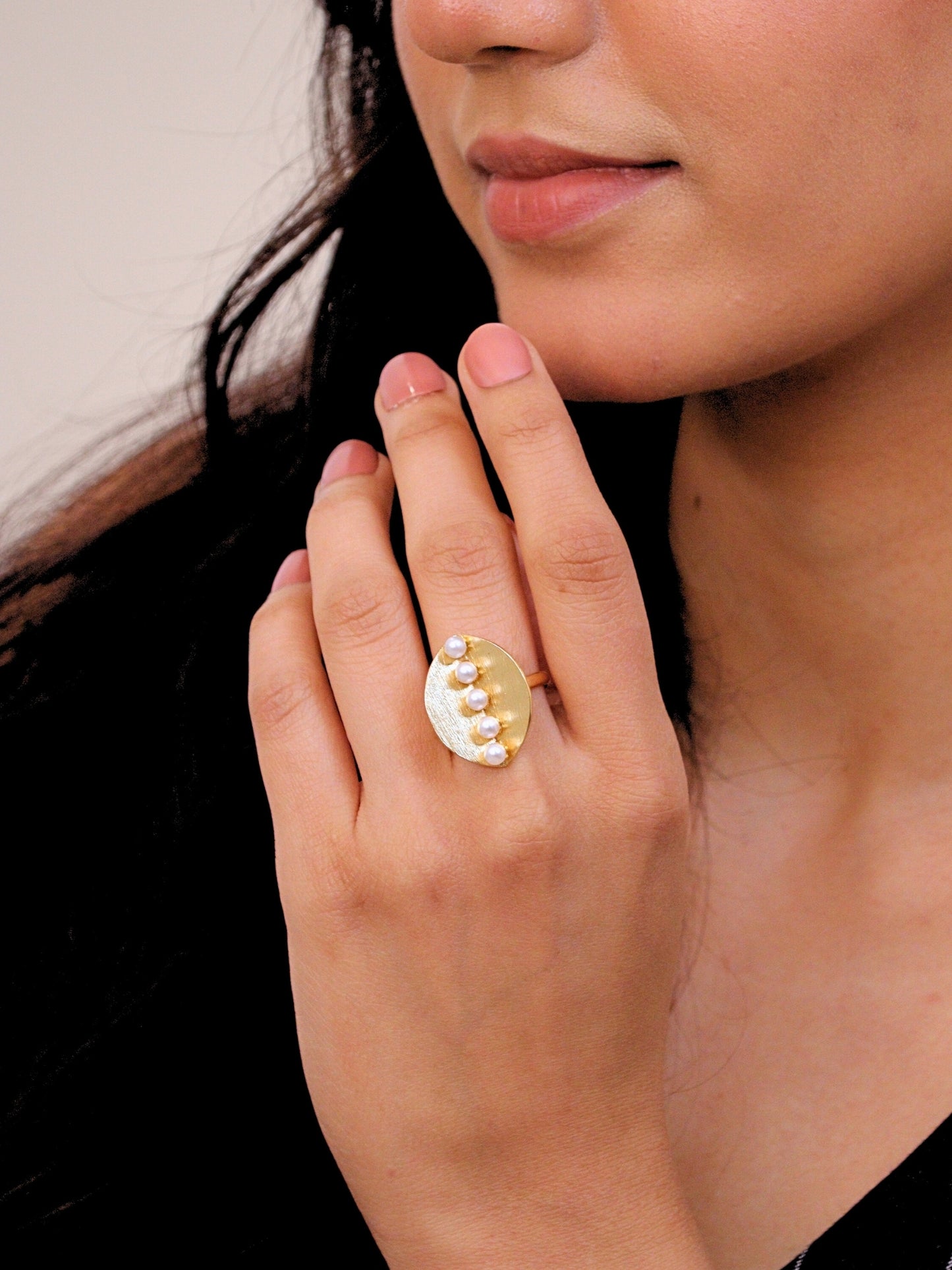 Viana Jewels Aroosh Brass & Pearl Adjustable Ring 18K Gold Plated Handmade