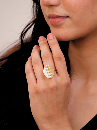 Viana Jewels Aroosh Brass & Pearl Adjustable Ring 18K Gold Plated Handmade