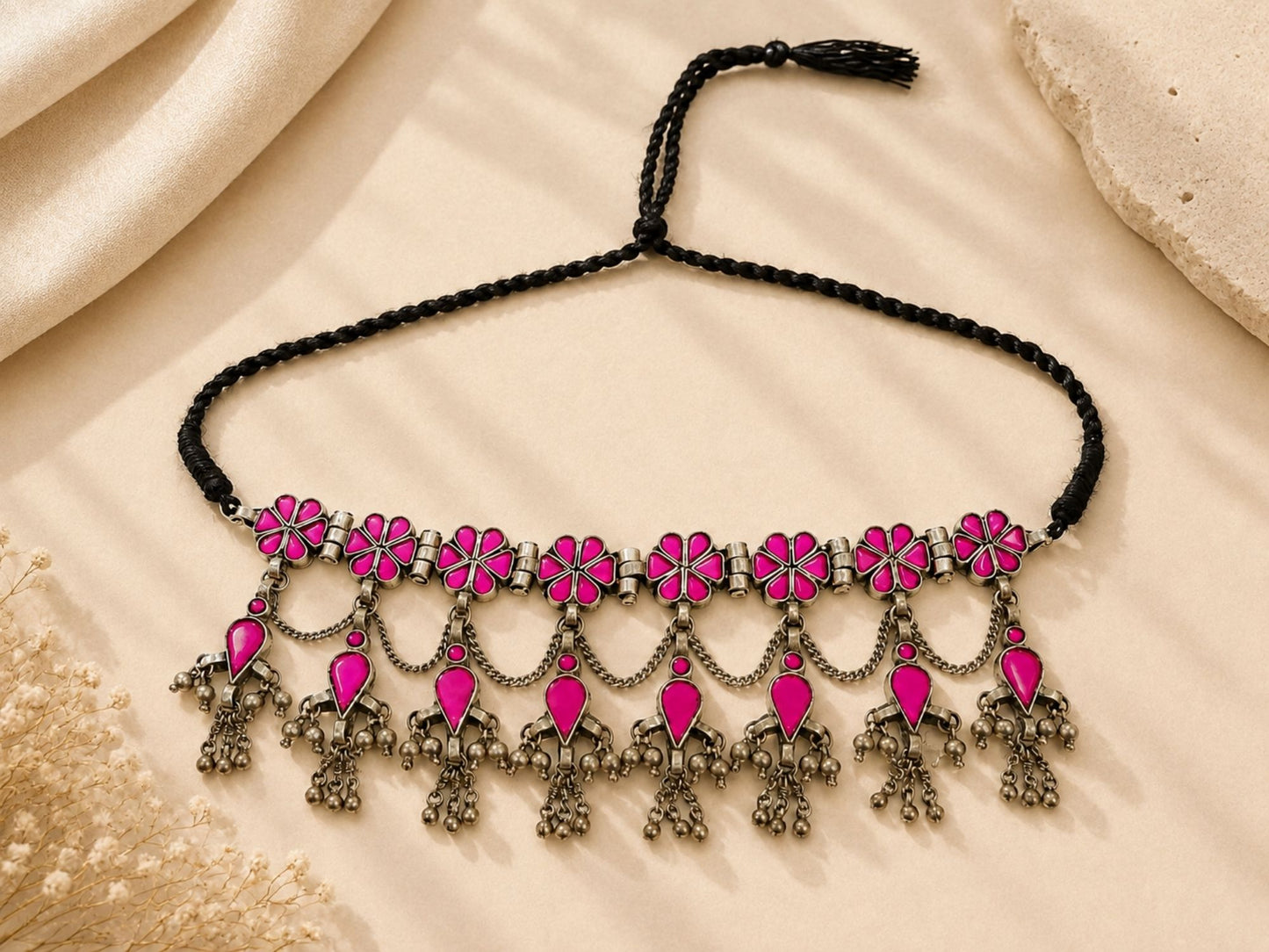 VIANA JEWELS Afghan Tribal Pink Flower Choker