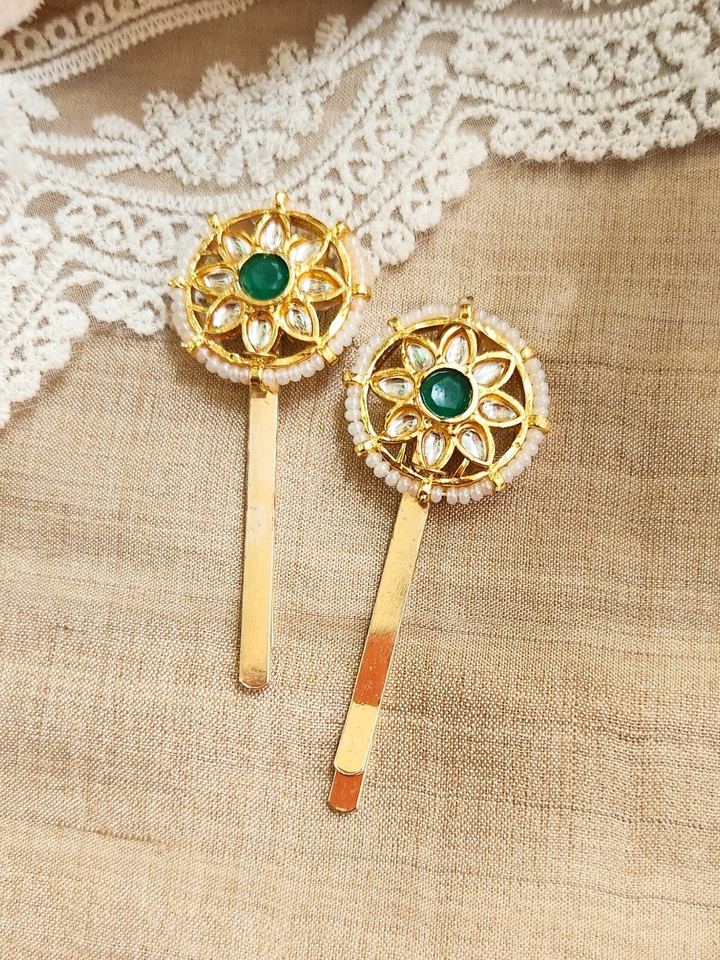 Viana Jewels Kundan Green Hair Pins ( Set of 2)