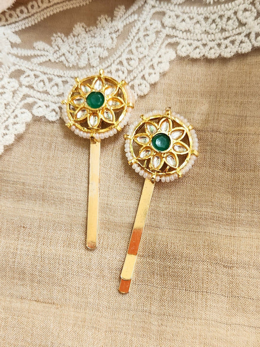 Viana Jewels Kundan Green Hair Pins ( Set of 2)