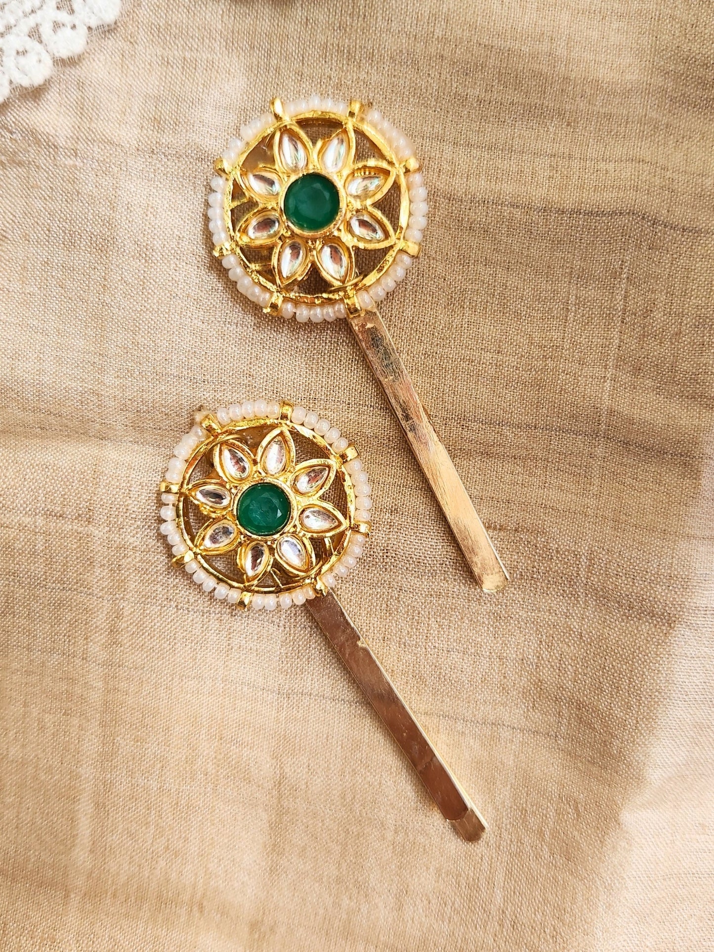 Viana Jewels Kundan Green Hair Pins ( Set of 2)