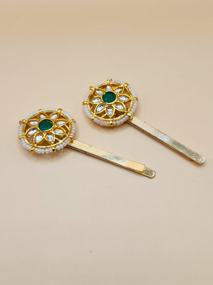 Viana Jewels Kundan Green Hair Pins ( Set of 2)