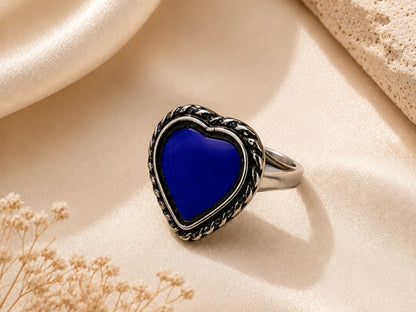 VIANA JEWELS Oxidized Silver Green Heart Ring