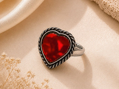 VIANA JEWELS Oxidized Silver Red Heart Ring