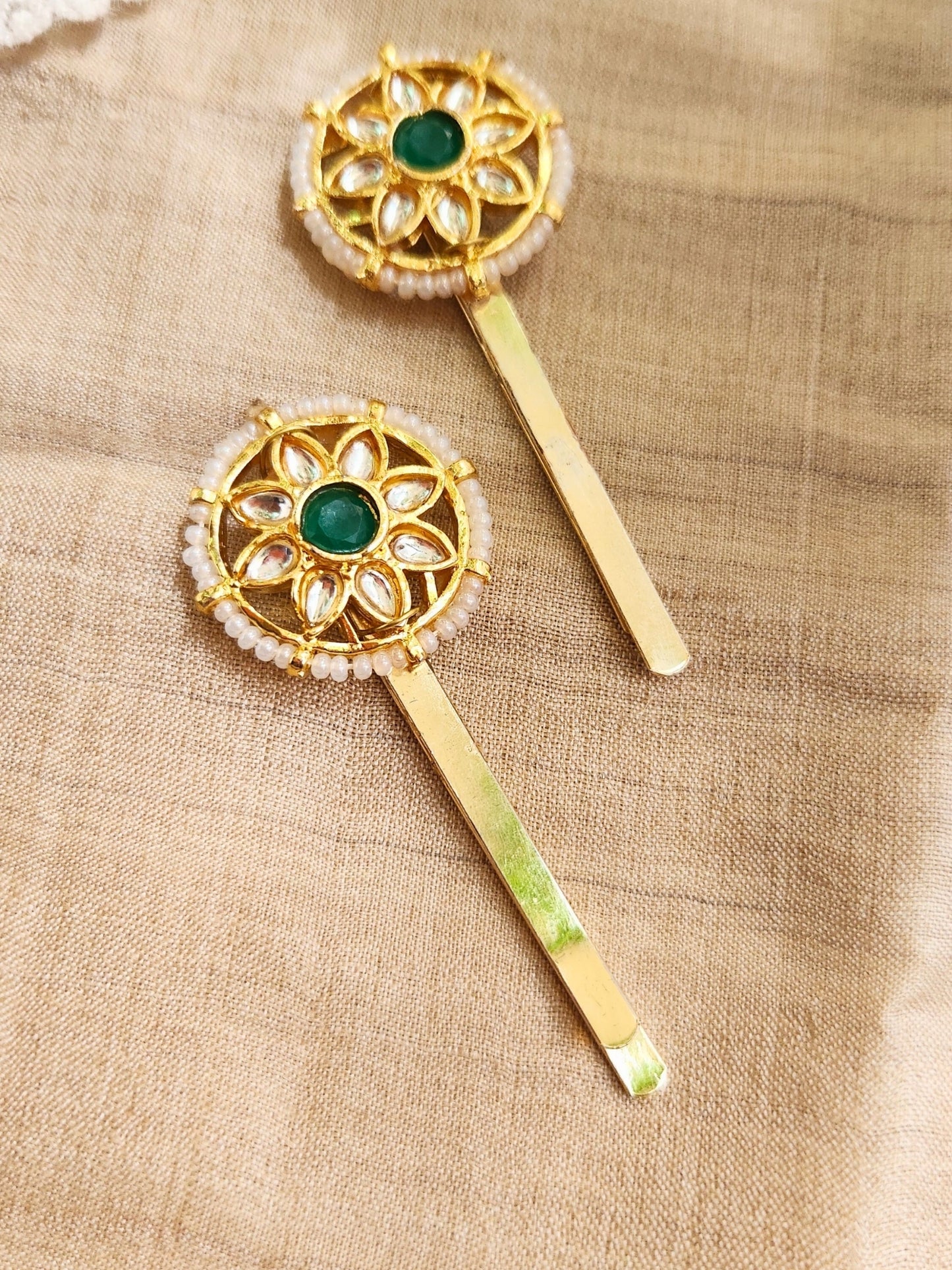 Viana Jewels Kundan Green Hair Pins ( Set of 2)