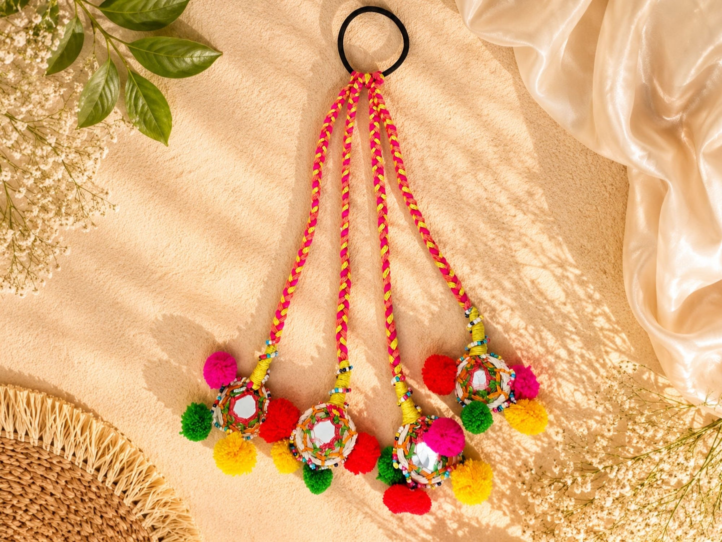 VIANA JEWELS Rajwadi Mirror Charm Boho Rubber Band For Women