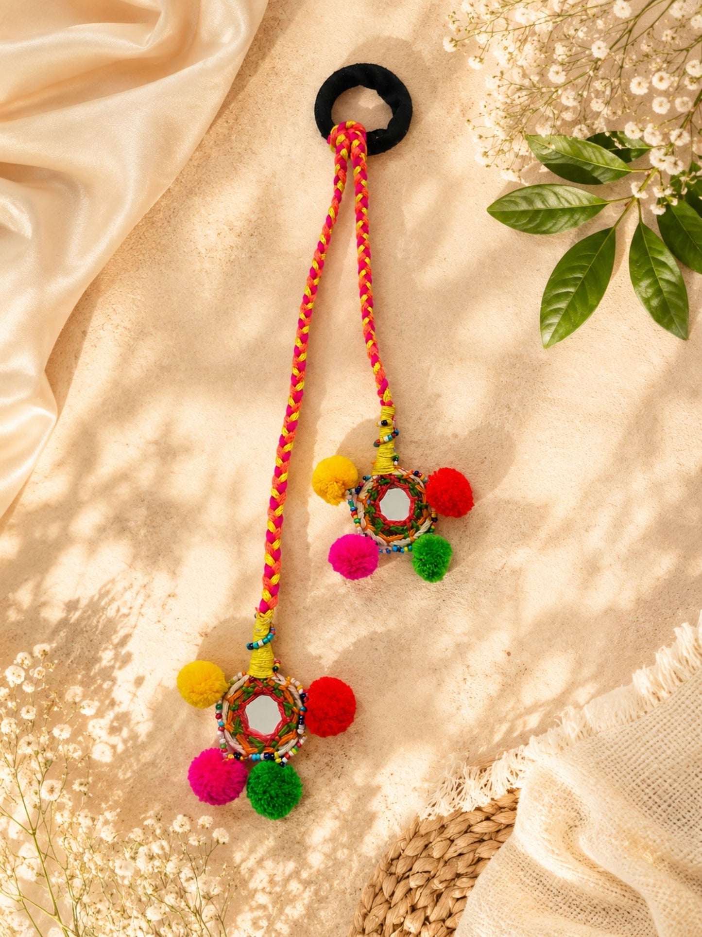 VIANA JEWELS Kutchi Mirror Dangler Boho Hair Rubber Band For Women