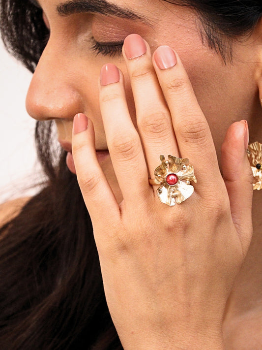 Viana Jewels Aarohi Brass Adjustable Ring with Red Stone 18K Gold Plated