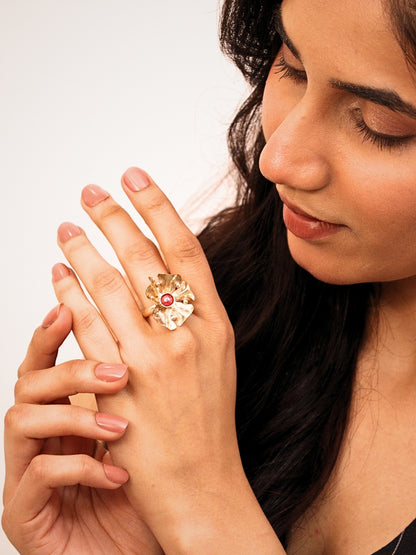 Viana Jewels Aarohi Brass Adjustable Ring with Red Stone 18K Gold Plated