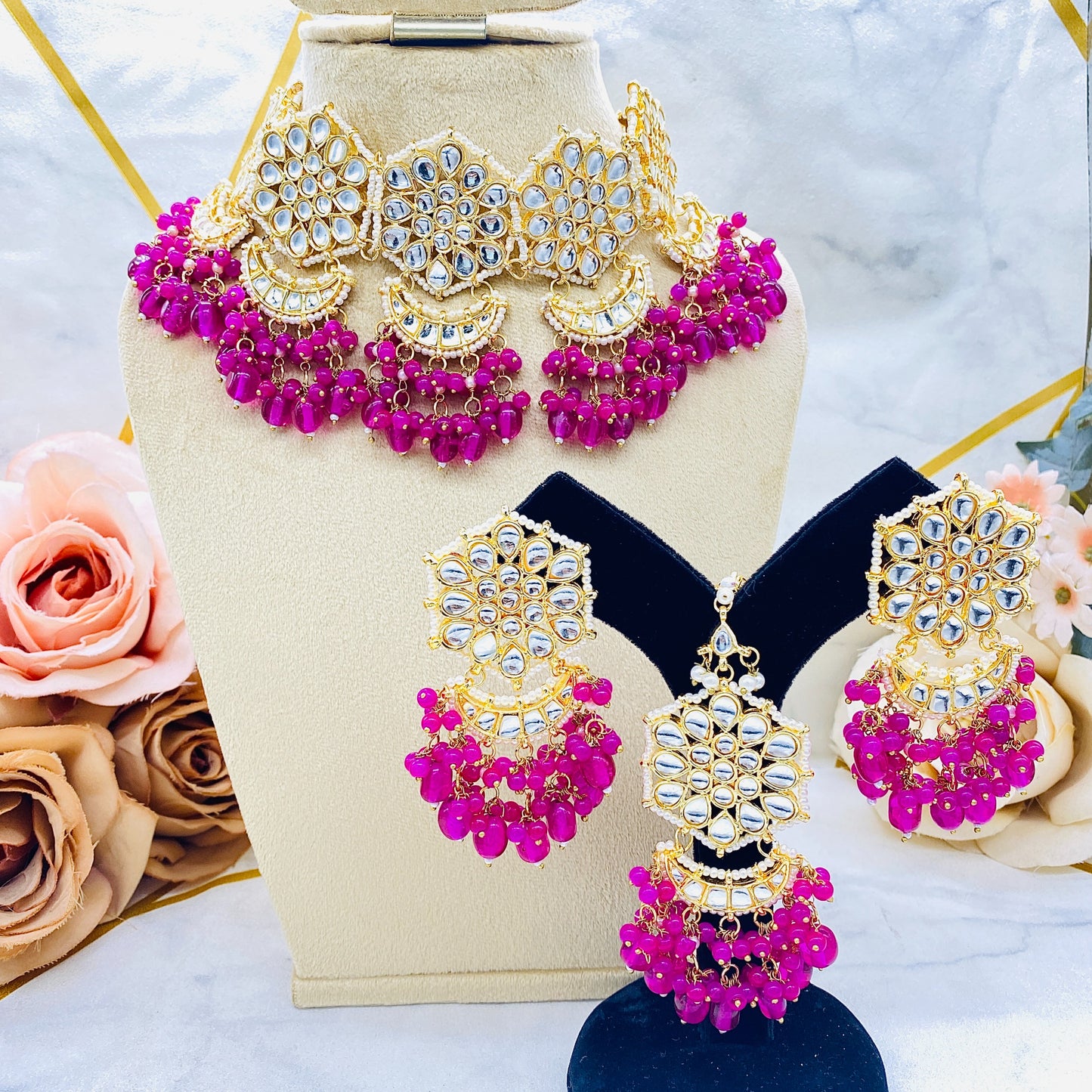 Wedding Special Detailed Kundan Choker In Magenta Colour Comes With Maangtikka