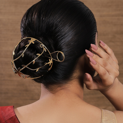 Janhvi Floral Hair Bun Cage Accessory in Brass (18K Gold Plated)