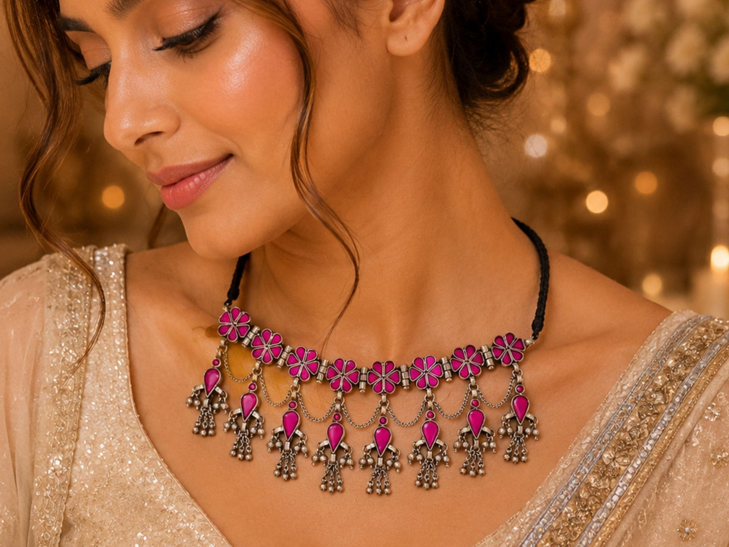 VIANA JEWELS Afghan Tribal Pink Flower Choker