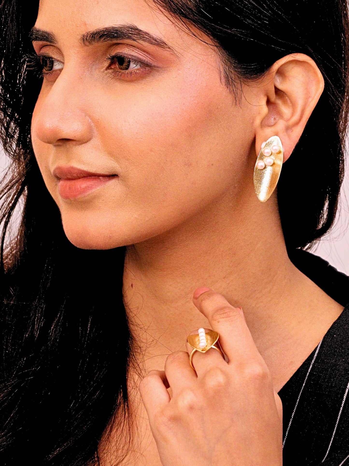 Viana Jewels Aarohi Brass & Pearl Stud Earrings 18K Gold Plated Handmade