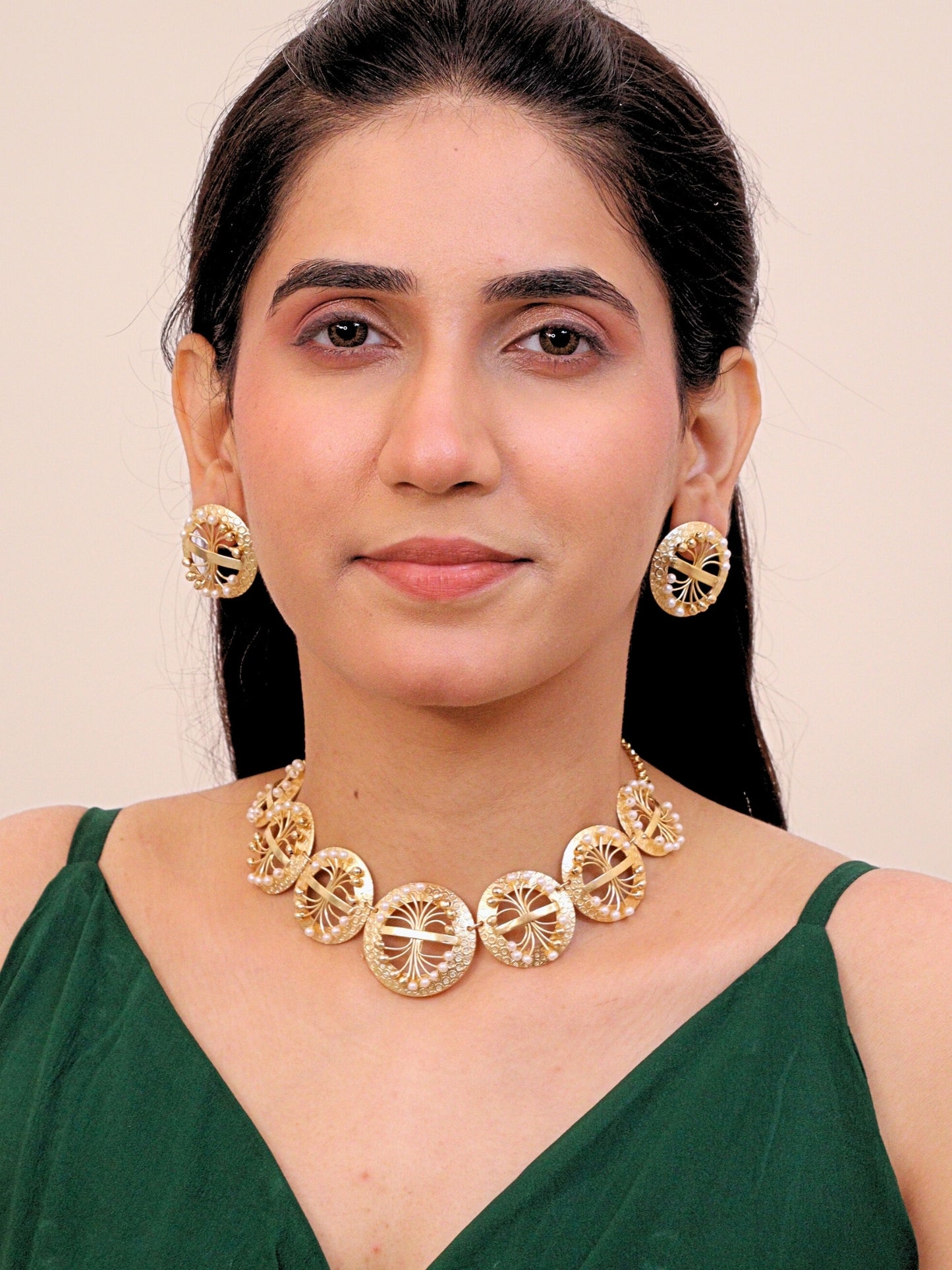 Viana Jewels Husnara Floral Pearl Choker for Women Brass 18K Gold Plated Handmade