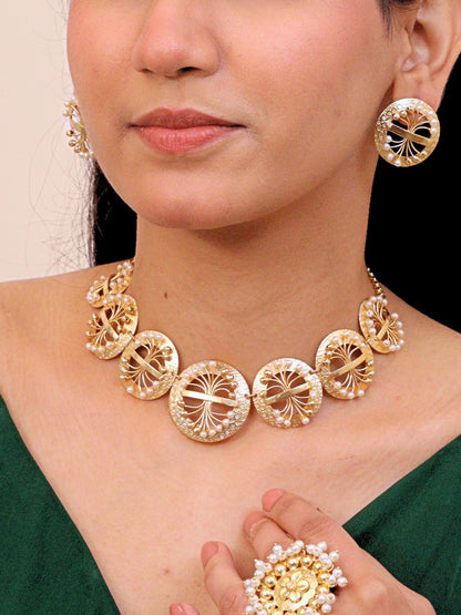 Viana Jewels Husnara Floral Pearl Choker for Women Brass 18K Gold Plated Handmade