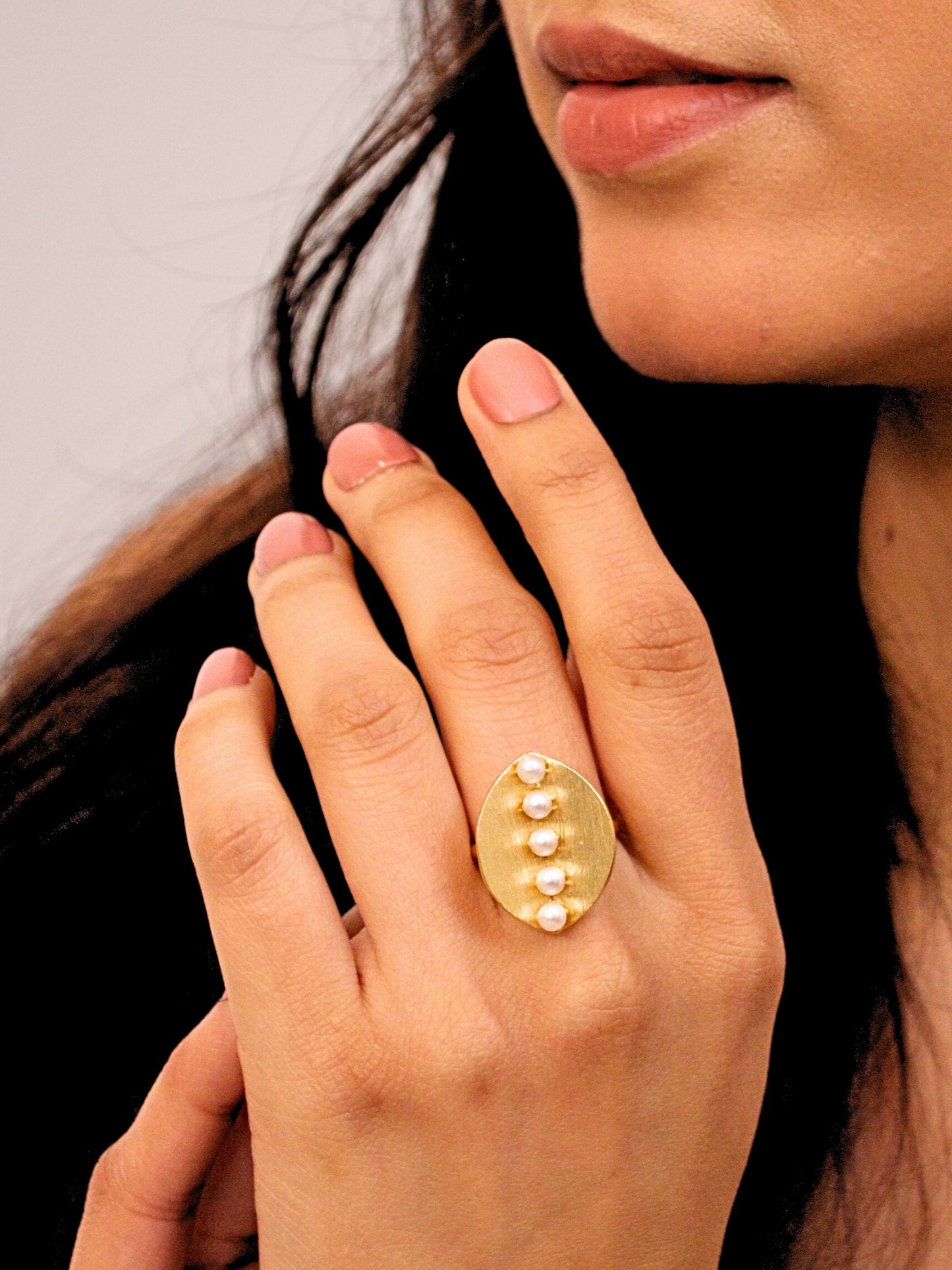 Viana Jewels Aroosh Brass & Pearl Adjustable Ring 18K Gold Plated Handmade