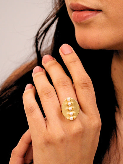 Viana Jewels Aroosh Brass & Pearl Adjustable Ring 18K Gold Plated Handmade