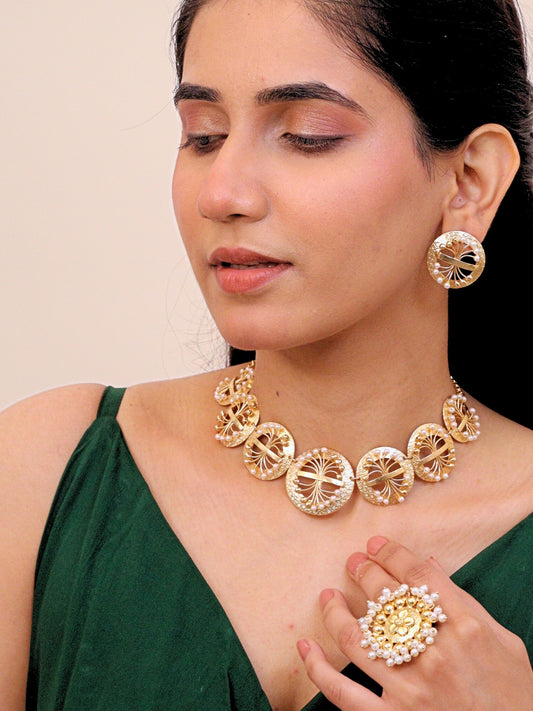 Viana Jewels Husnara Floral Pearl Choker for Women Brass 18K Gold Plated Handmade