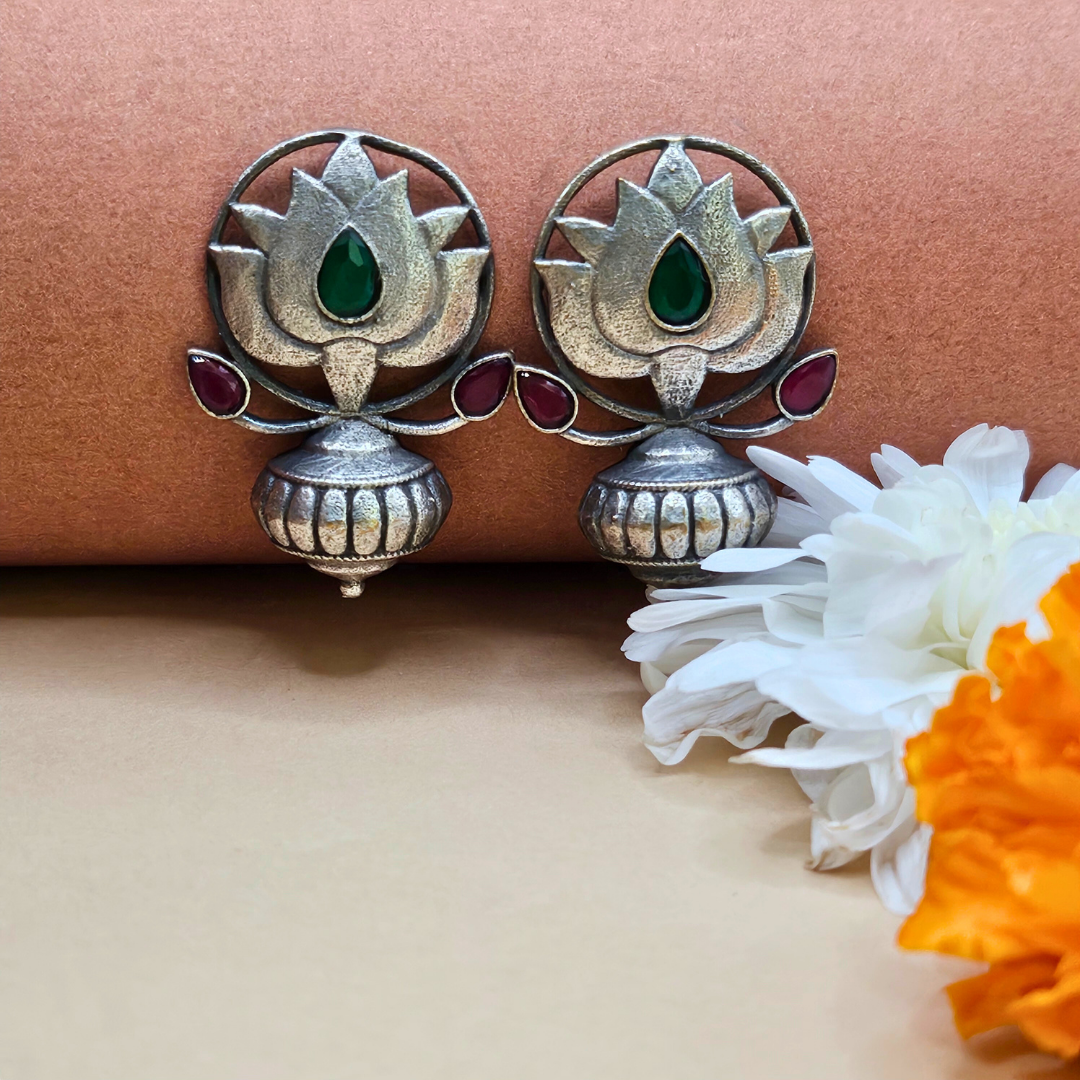 ANTIQUE LOTUS MOGHUL STYLE STUD EARRINGS