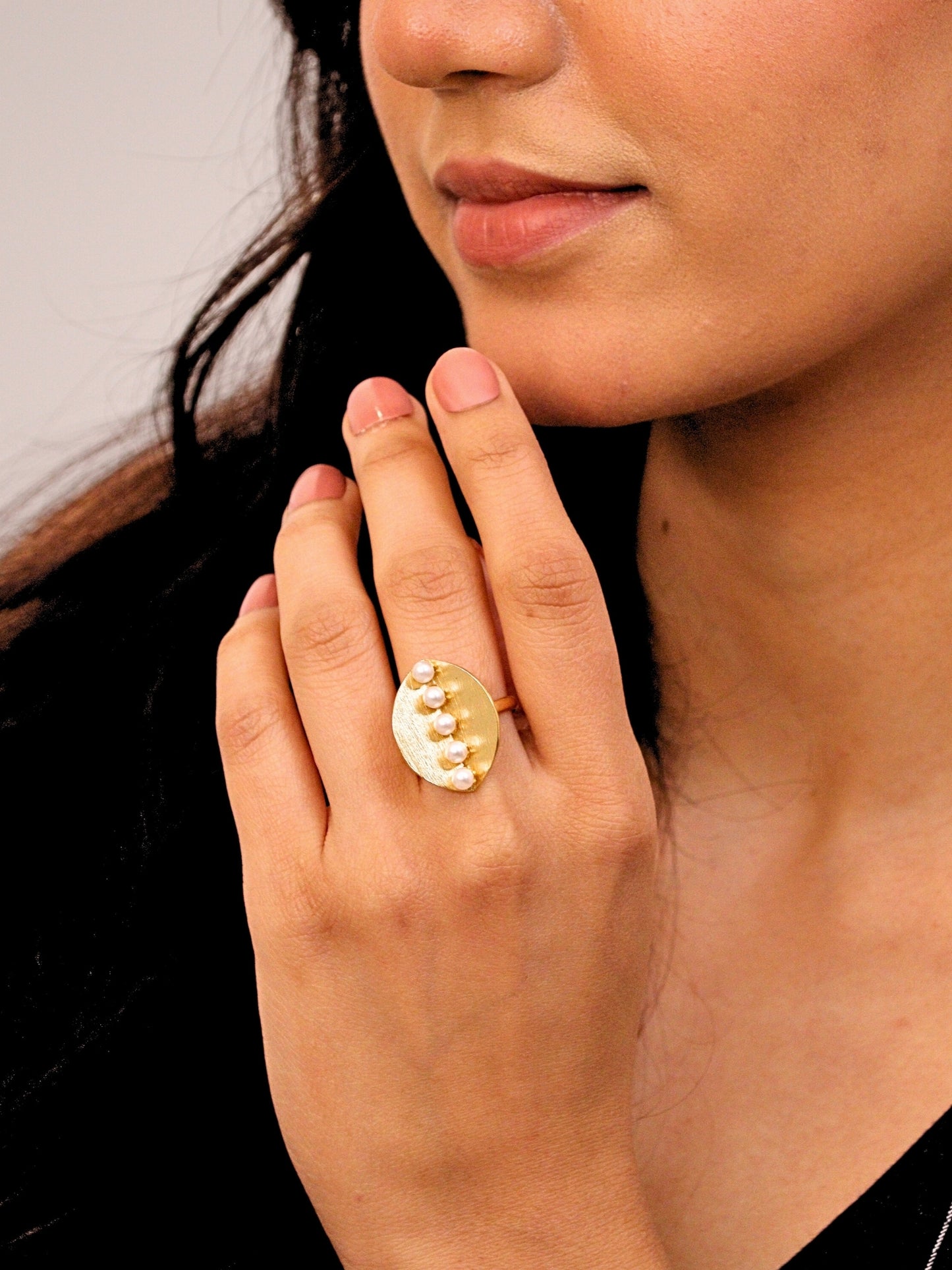 Viana Jewels Aroosh Brass & Pearl Adjustable Ring 18K Gold Plated Handmade
