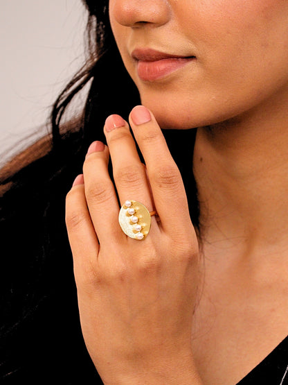 Viana Jewels Aroosh Brass & Pearl Adjustable Ring 18K Gold Plated Handmade