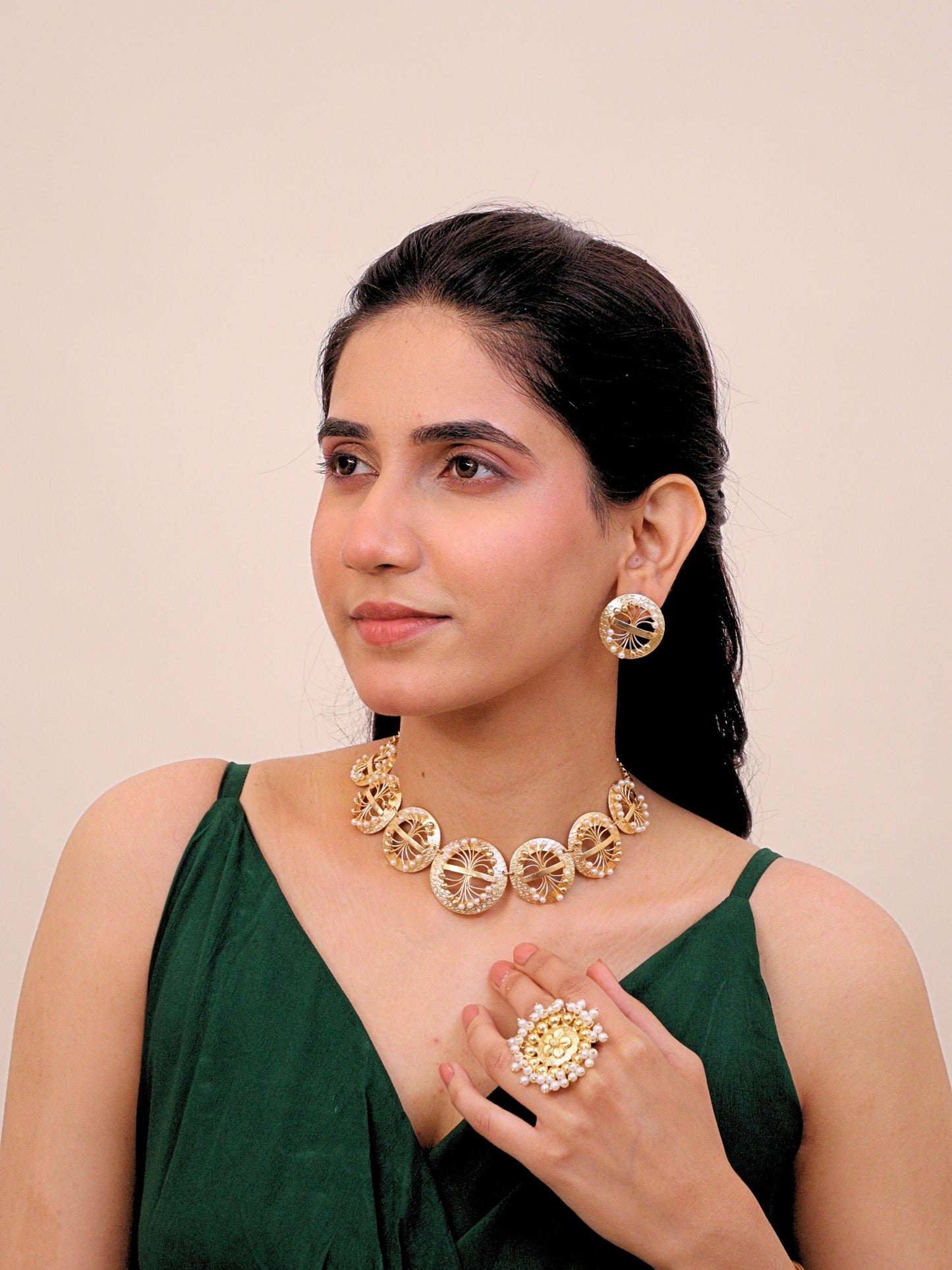 Viana Jewels Husnara Floral Pearl Choker for Women Brass 18K Gold Plated Handmade