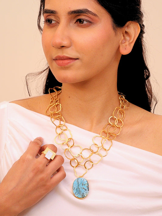 Viana Jewels Mehtab Brass Necklace with Turquoise Stone 18K Gold Plated