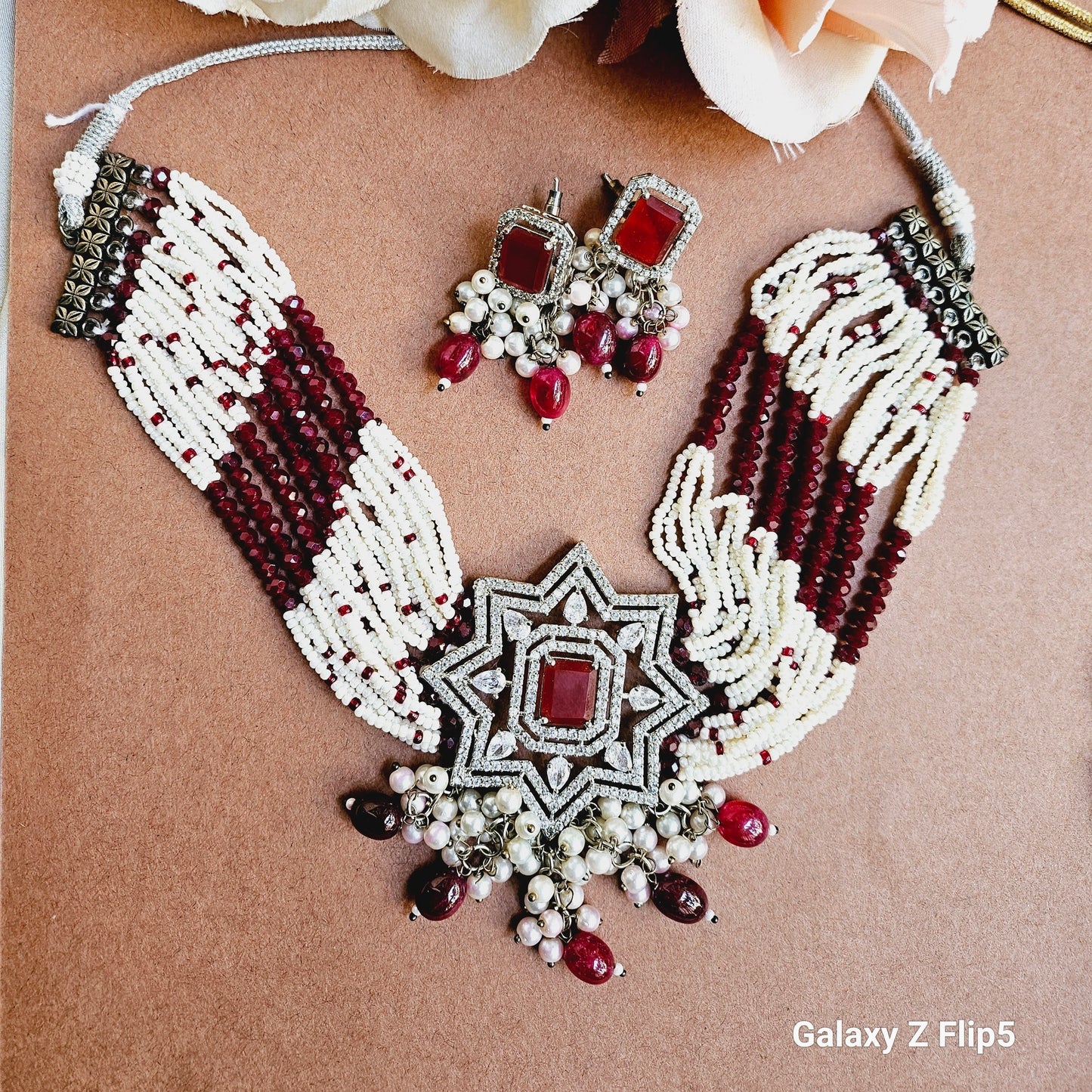 Victorian Choker In Ruby Red And Peals