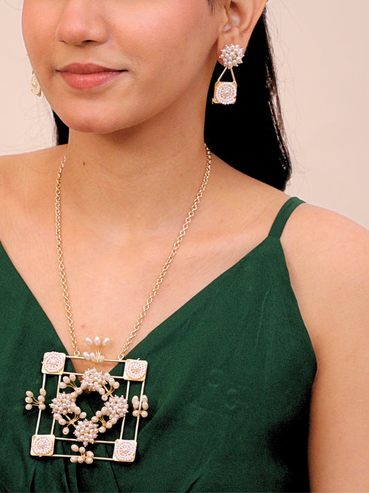 Viana Jewels Kanaka Long Necklace Set with Earrings Brass Pearl Gold Plated