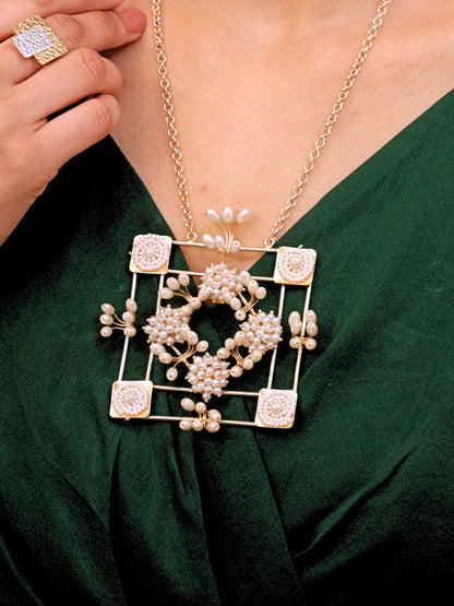 Viana Jewels Kanaka Long Necklace Set with Earrings Brass Pearl Gold Plated