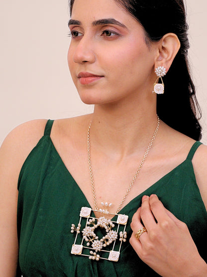 Viana Jewels Kanaka Long Necklace Set with Earrings Brass Pearl Gold Plated