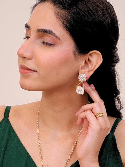 Viana Jewels Kanaka Long Necklace Set with Earrings Brass Pearl Gold Plated