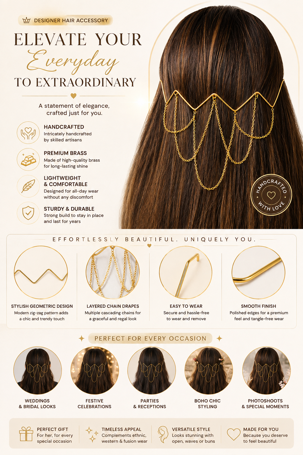 VIANA JEWELS Afghani Geometric Brass Hair Tiara For Women